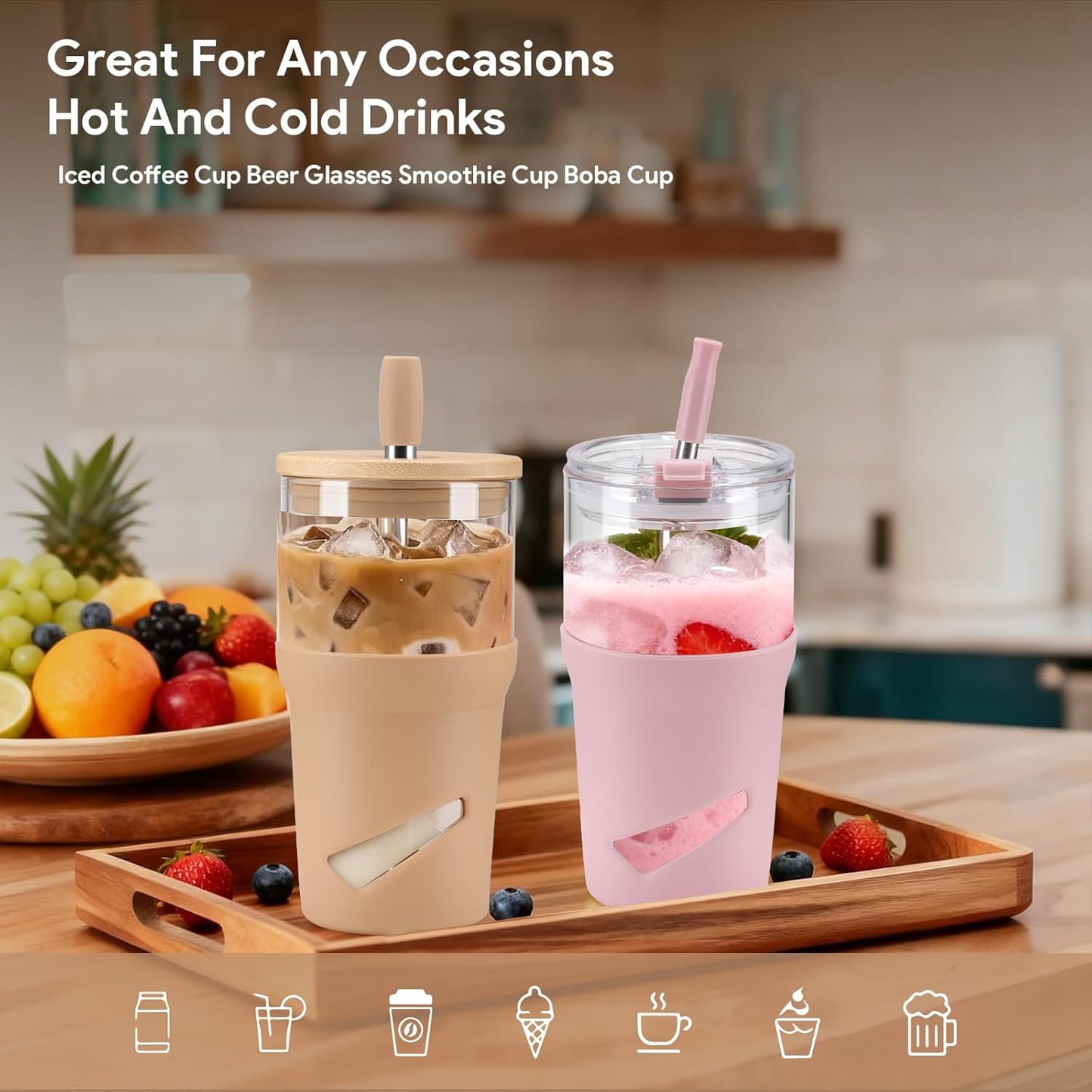 Glass Tumbler with Lids and Straws, 20 oz Iced Coffee Cup and Smoothie Cup with Bamboo Lid and On the go Lid,Glass Cups With Straws