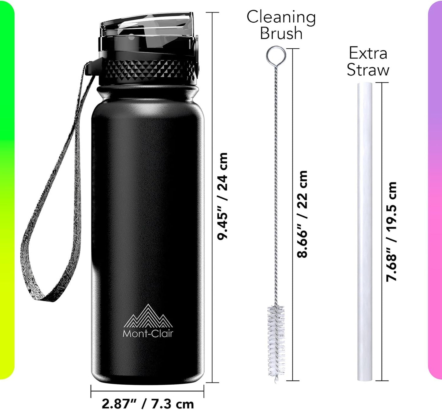 Mont-Clair Sport Water Bottle - 20oz Insulated Water Bottle with Straw - Patented Lid, BPA FREE, For Sports, Gym, Cycling, Bike - Quick Hydration - Black