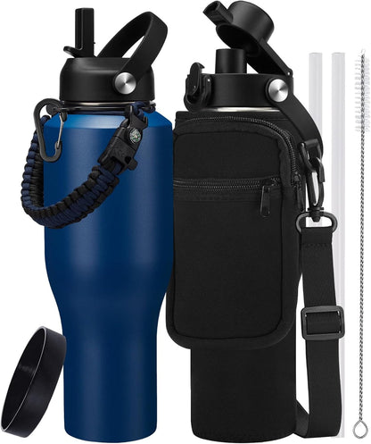 Insulated Water Bottle 40 oz - Fits in any Car Cup Holder, Keep Cold 48H Hot 24H, Stainless Steel Waterbottle Double Wall Flask with Straw, Pop-up Spout Lid, Paracord Handle, Carrier Bag
