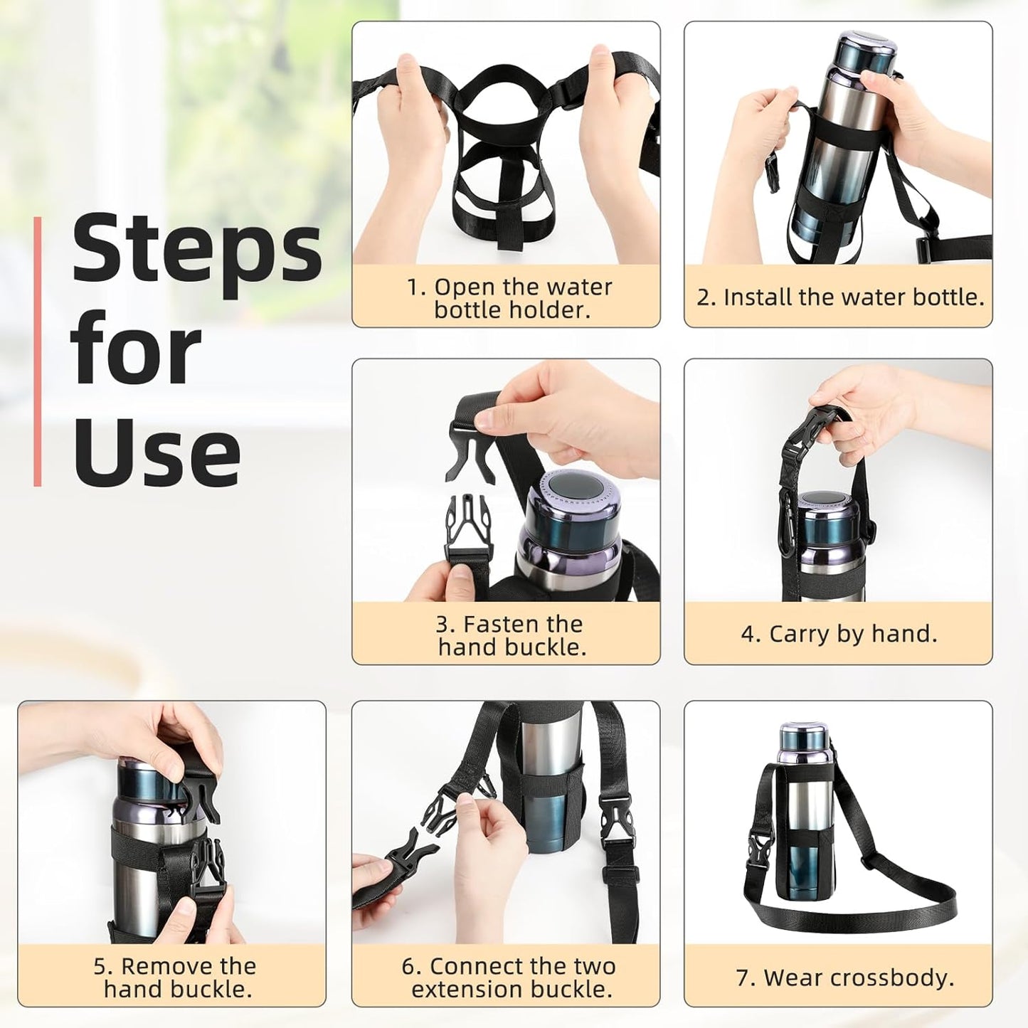 Nuovoware Water Bottle Holder With Strap, 2 Pack Elastic Water Bottle Sling Bag for 20-40 Oz, Lightweight Crossbody Bag With Shoulder Strap for Walking Hiking Camping Traveling, Black+Black