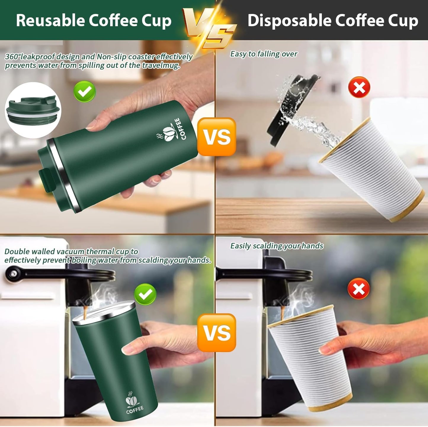 Insulated Travel Coffee Mug Reusable Coffee Tumbler Cup with Flip Lid Leak Proof Spill Proof for Office School Party Camping Hot and Cold Drink,Stainless Steel 17oz (Black)