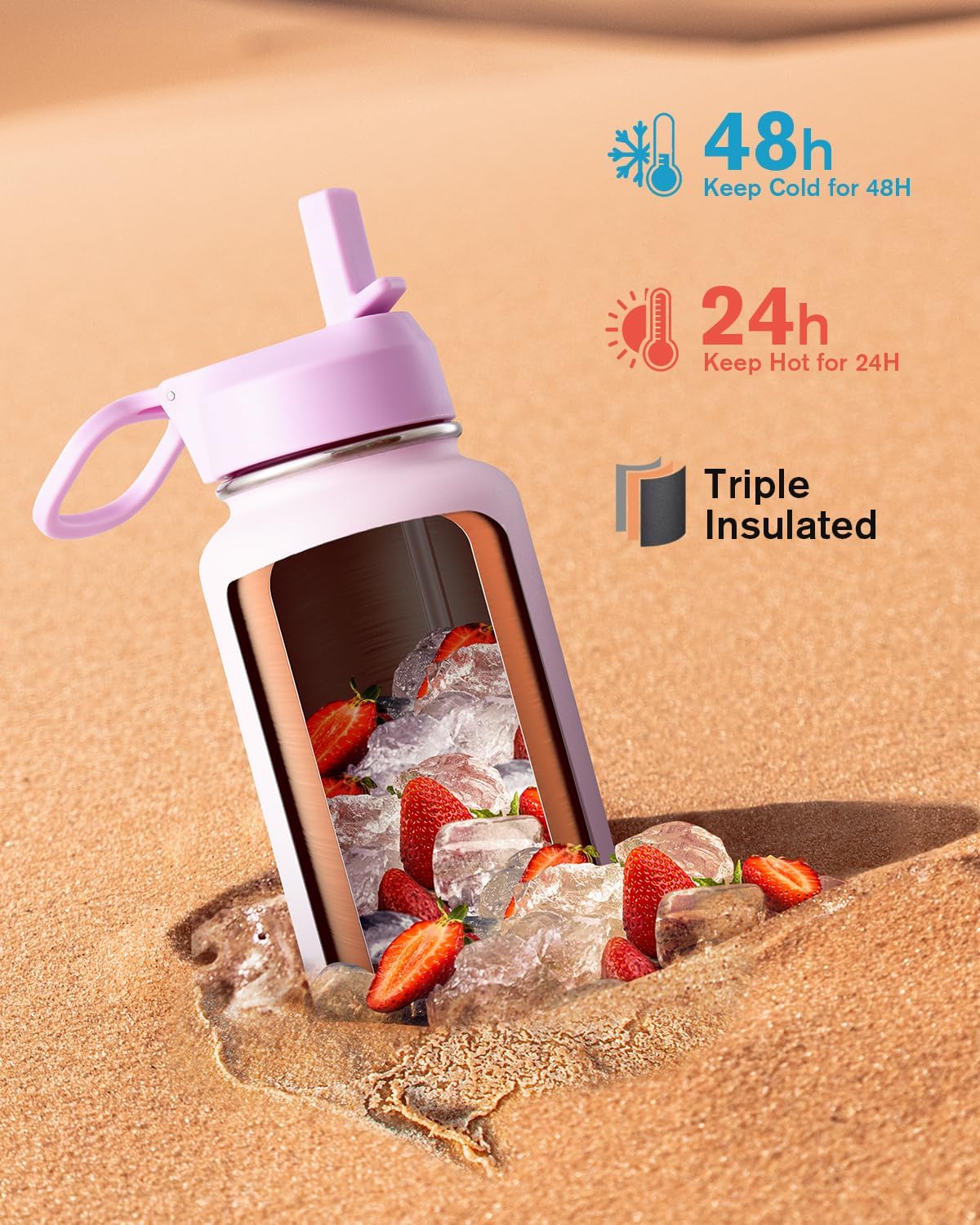 Half Gallon Water Bottle Insulated with Straw & 3 Lids, Coolflask 64 oz Water Jug Large Metal Stainless Steel Wide Mouth for Sports, Gym or Office, Non-BPA Keep Cold 48H Hot 24H, Samurai Cyan