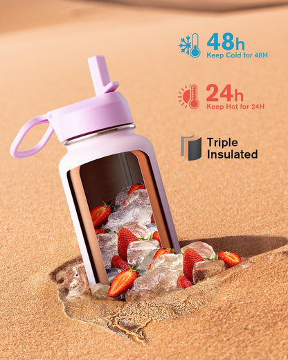 Half Gallon Water Bottle Insulated with Straw & 3 Lids, Coolflask 64 oz Water Jug Large Metal Stainless Steel Wide Mouth for Sports, Gym or Office, Non-BPA Keep Cold 48H Hot 24H, Samurai Cyan