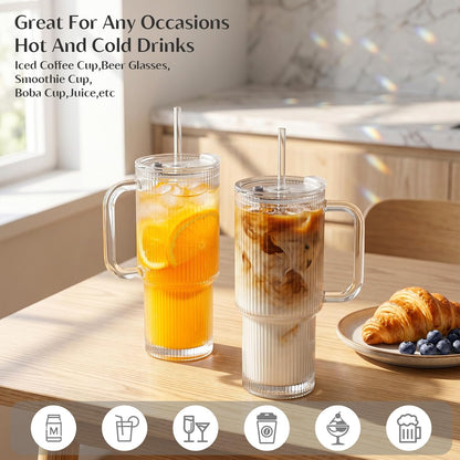 INSETLAN 24oz Ribbed Glass Tumbler with Handle & Lid – 2-Pack Large Iced Coffee Cups with Straws, Modern Glass Mug for Cold & Hot Beverages, Aesthetic Travel Cup for Smoothies, Tea, and Juice