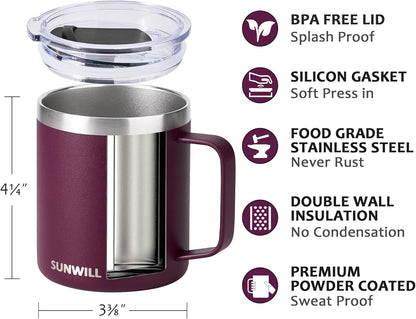 SUNWILL Travel Coffee Mug with Lid, Insulated Tumbler with Handle, 14 oz Stainless Steel Cup for Ice, Water, Tea, Rose Gold