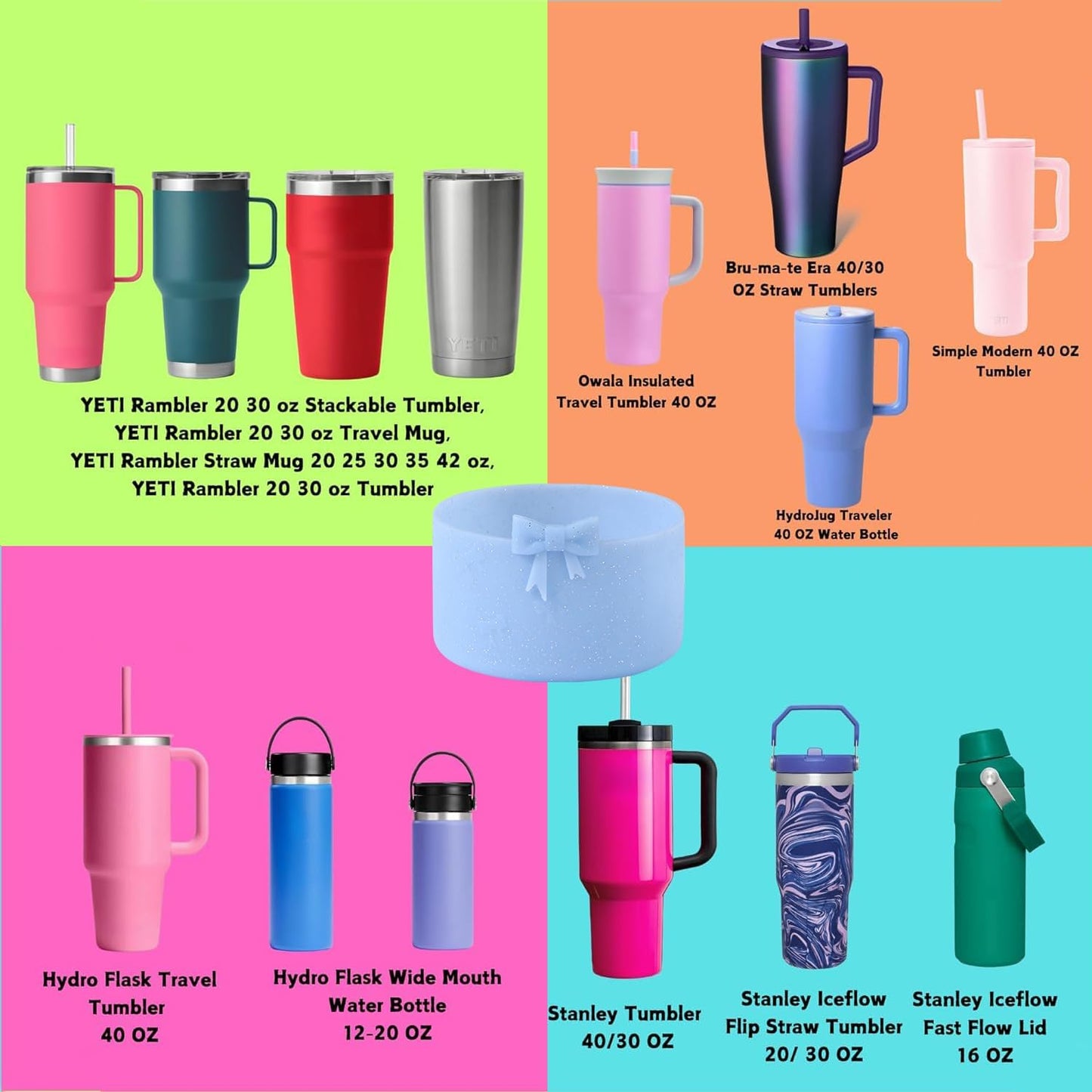 2PCS Bow Silicone Boot for Stanley Quencher Tumbler 30oz 40oz & IceFlow 20oz 30oz& Hydro Flask Water Bottle 12-24 oz Protective Bottom Sleeve Cover for Stanley Cup Accessories& Owala 24oz