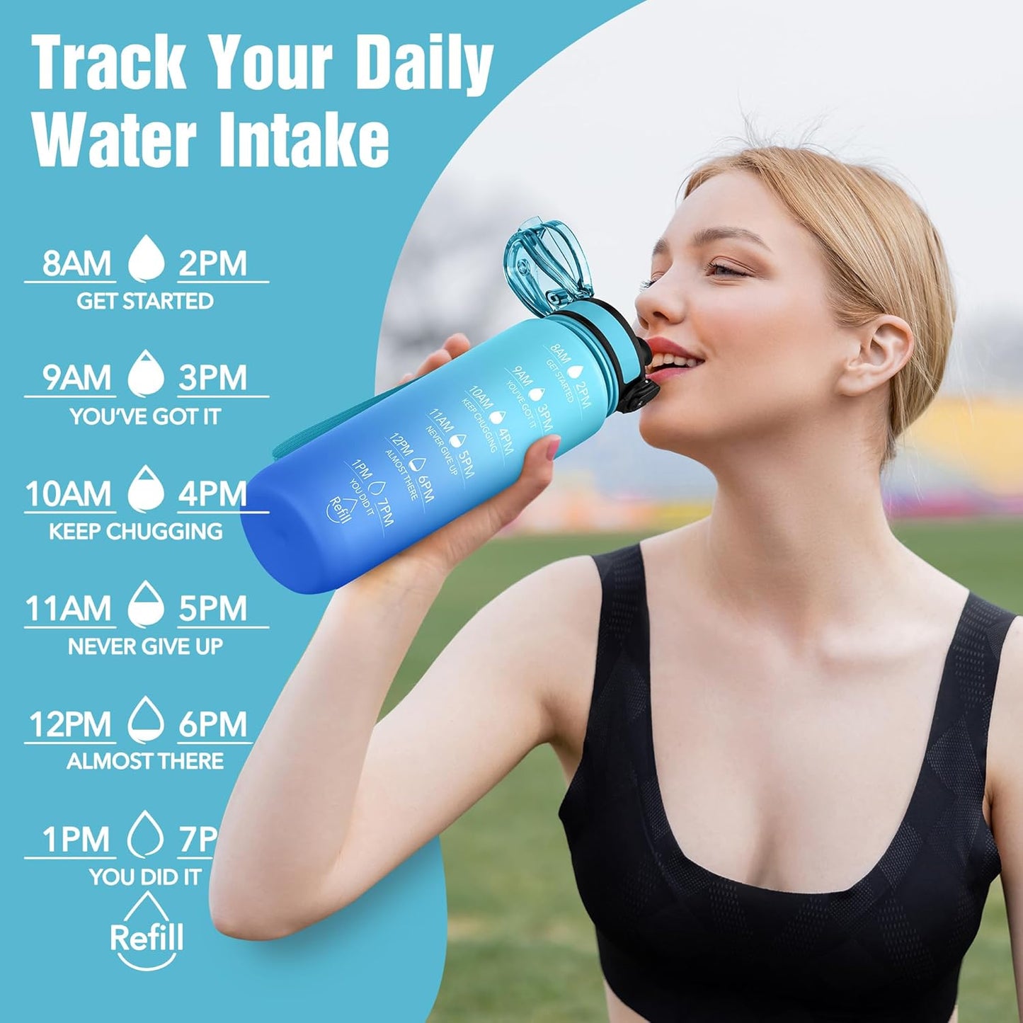 OLDLEY Water Bottle, 32oz Motivational Sports Water Bottle with Time Marker - Times to Drink - Tritan, BPA Free, Wide Mouth Leakproof, Clear (1 Bottle)