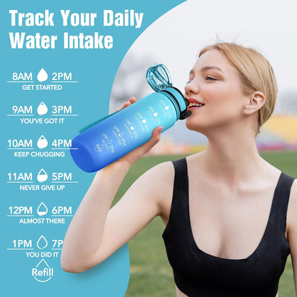 OLDLEY Water Bottle, 32oz Motivational Sports Water Bottle with Time Marker - Times to Drink - Tritan, BPA Free, Wide Mouth Leakproof, Clear (1 Bottle)