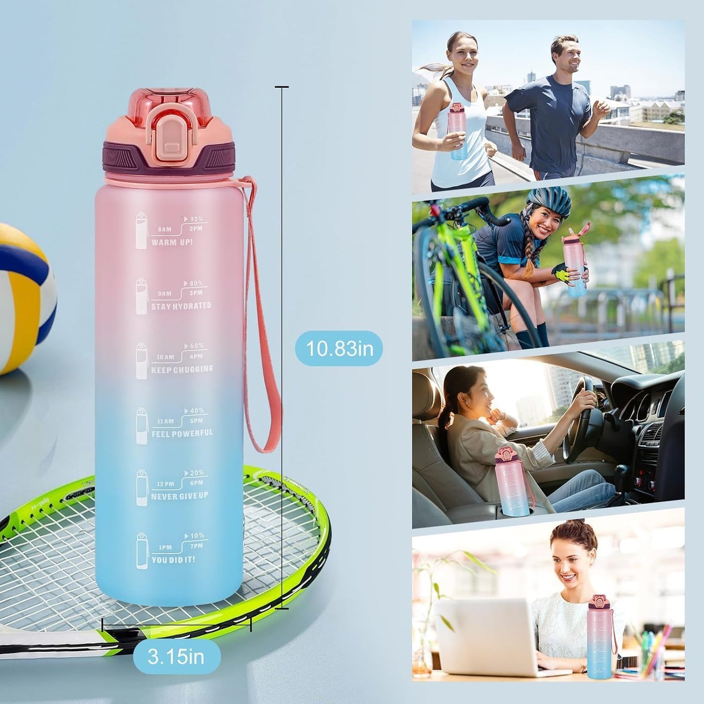 Water Bottle with Straw 1L,Boys Water Bottles with Straw 1 Litre,Waterbottle Leak-Proof Sports Water Bottle,Plastic Drinks Bottles Toxin Free，Bpa-Free (Cyan Black)