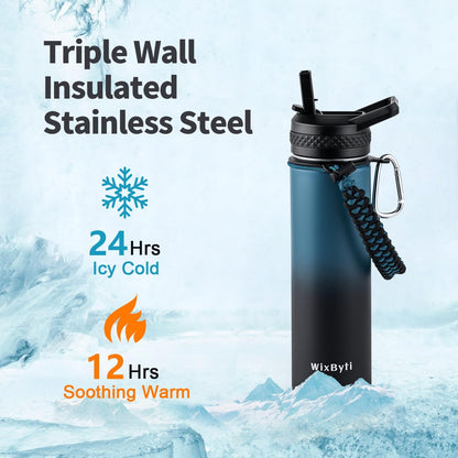 WixByti 40 oz Insulated Water Bottle with Straw (Cold for 36 Hrs), Stainless Steel Triple Wall Vacuum Sports Water Jug, Leakproof Hydro Cup Flask with Paracord Handle & Straw Spout Lids & DIY Stickers