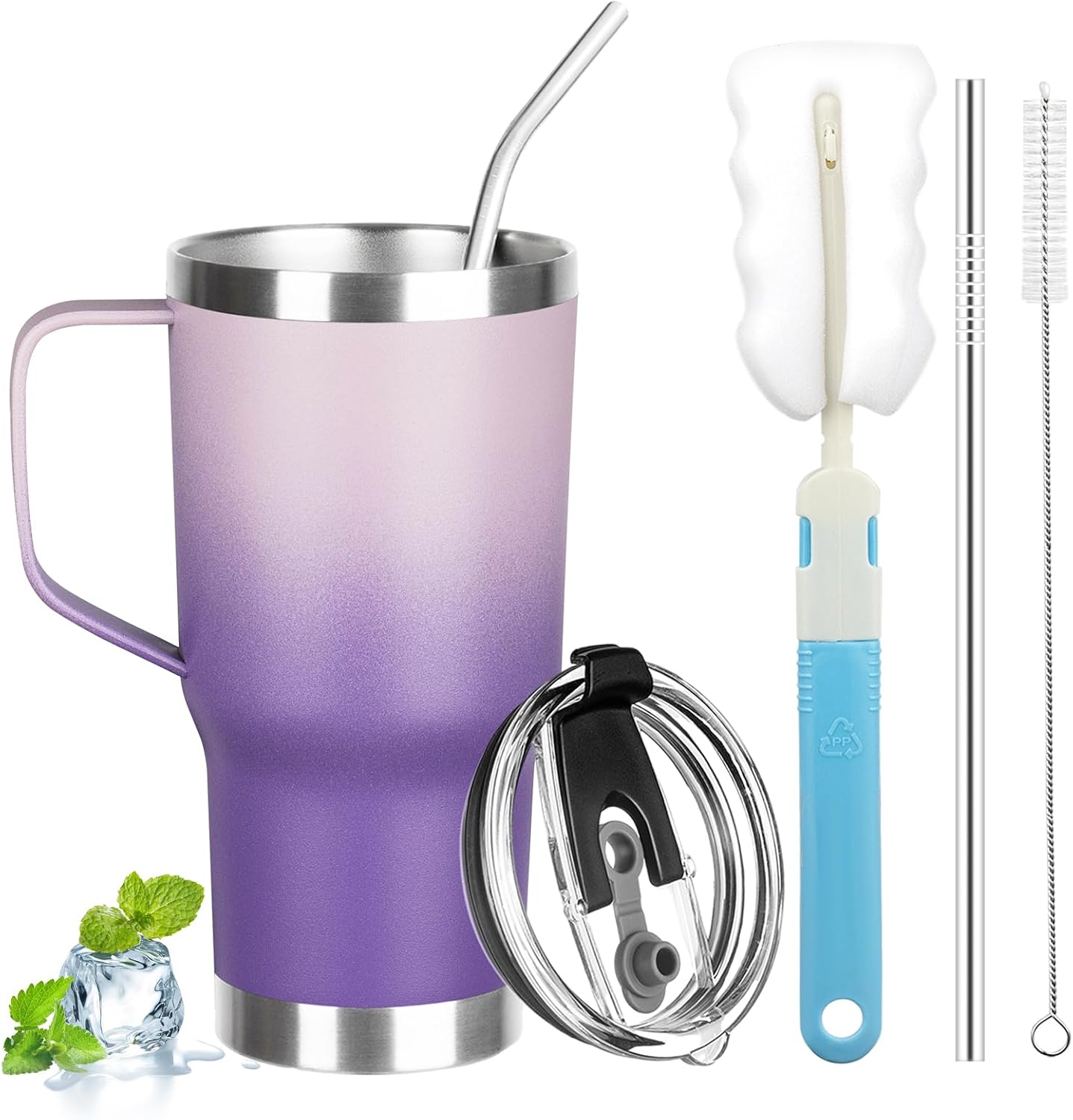 20 oz Tumbler with Handle, Stainless Steel Insulated Tumbler with Lid and Straw, Double Wall Vacuum Coffee Mug Tumbler, Insulated Coffee Thermal Cup for Cold and Hot (Light Purple)