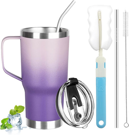 20 oz Tumbler with Handle, Stainless Steel Insulated Tumbler with Lid and Straw, Double Wall Vacuum Coffee Mug Tumbler, Insulated Coffee Thermal Cup for Cold and Hot (Light Purple)