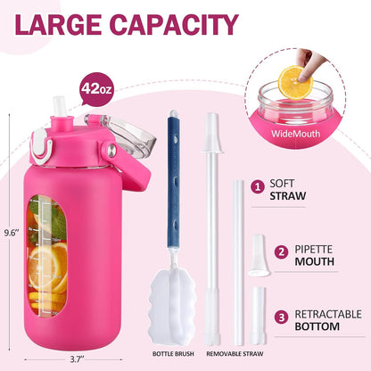 64oz Glass Water Bottles with Straw, Half Gallon Motivational Glass Bottle with Silicone Sleeve and Time Marker, 2L Leakproof Large Glass Water Jug for Gym Home Office,olive
