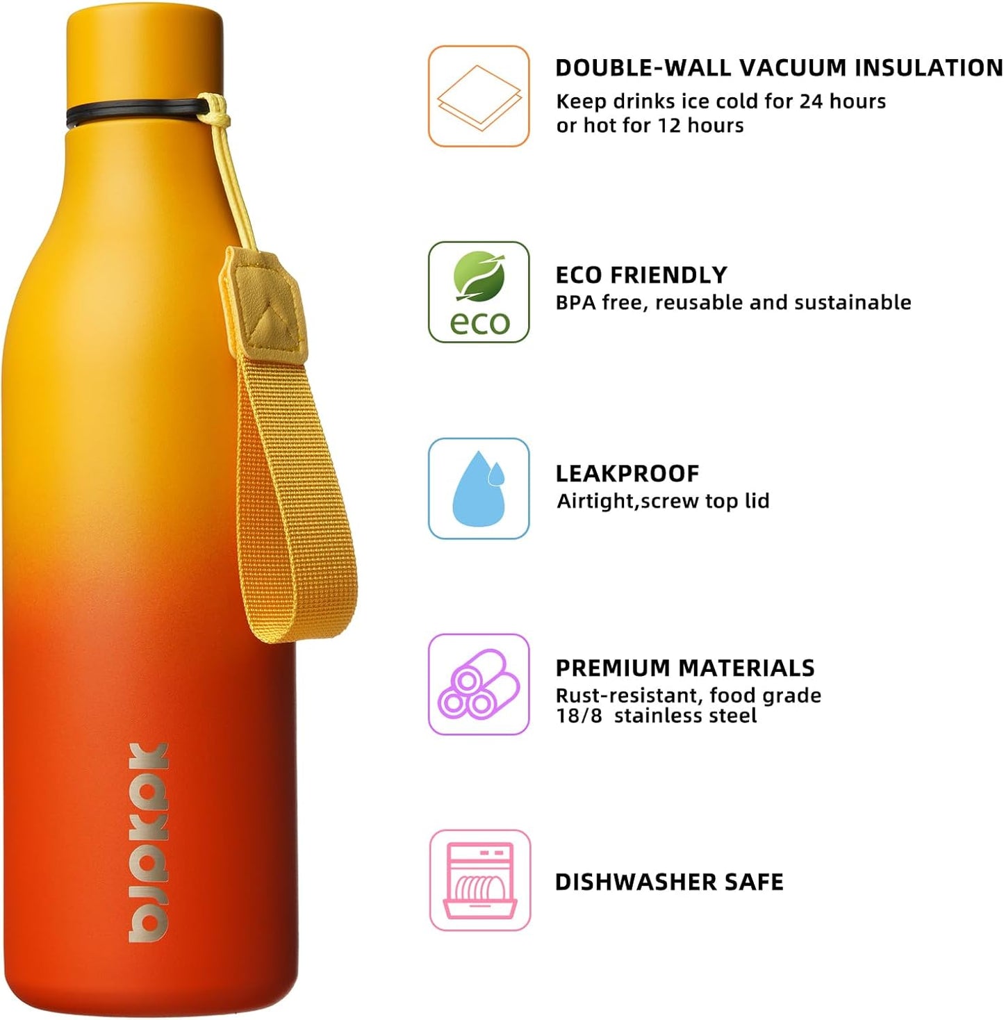 BJPKPK Insulated Water Bottles, 18 oz Stainless Steel Metal Water Bottle with Strap, BPA Free Leak Proof Jugs, Mugs, Flasks, Reusable Thermal Flasks for Sports & Travel, Black - Colors B