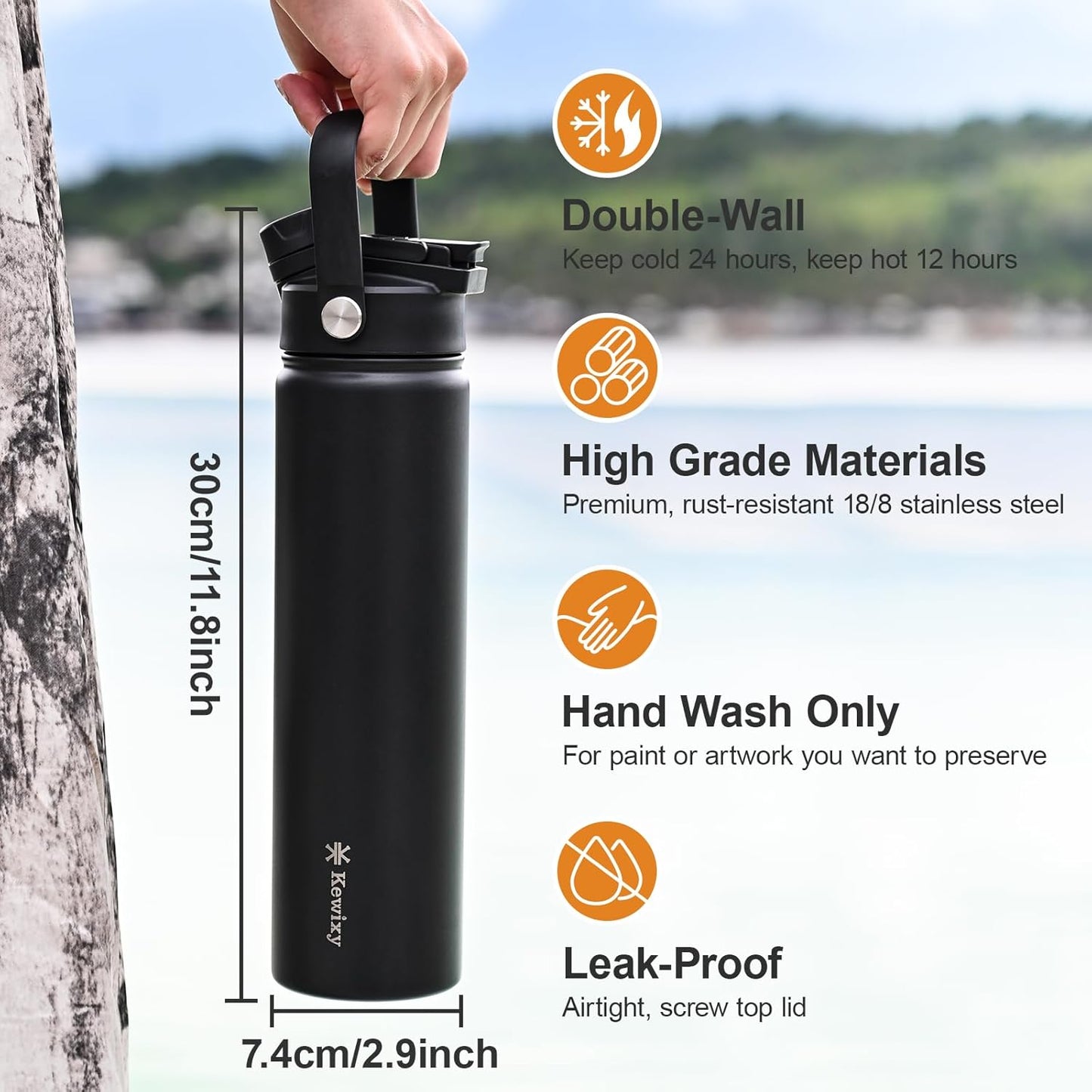 KEWIXY 32 oz Insulated Water Bottle, 2-in-1 Lid, Straw & Spout with Protected, Leak Proof, Keep Cold, Stainless Steel, Metal, Reusable, Handle, for Outdoor, Gym and School, 2 Lids, Blush Pink