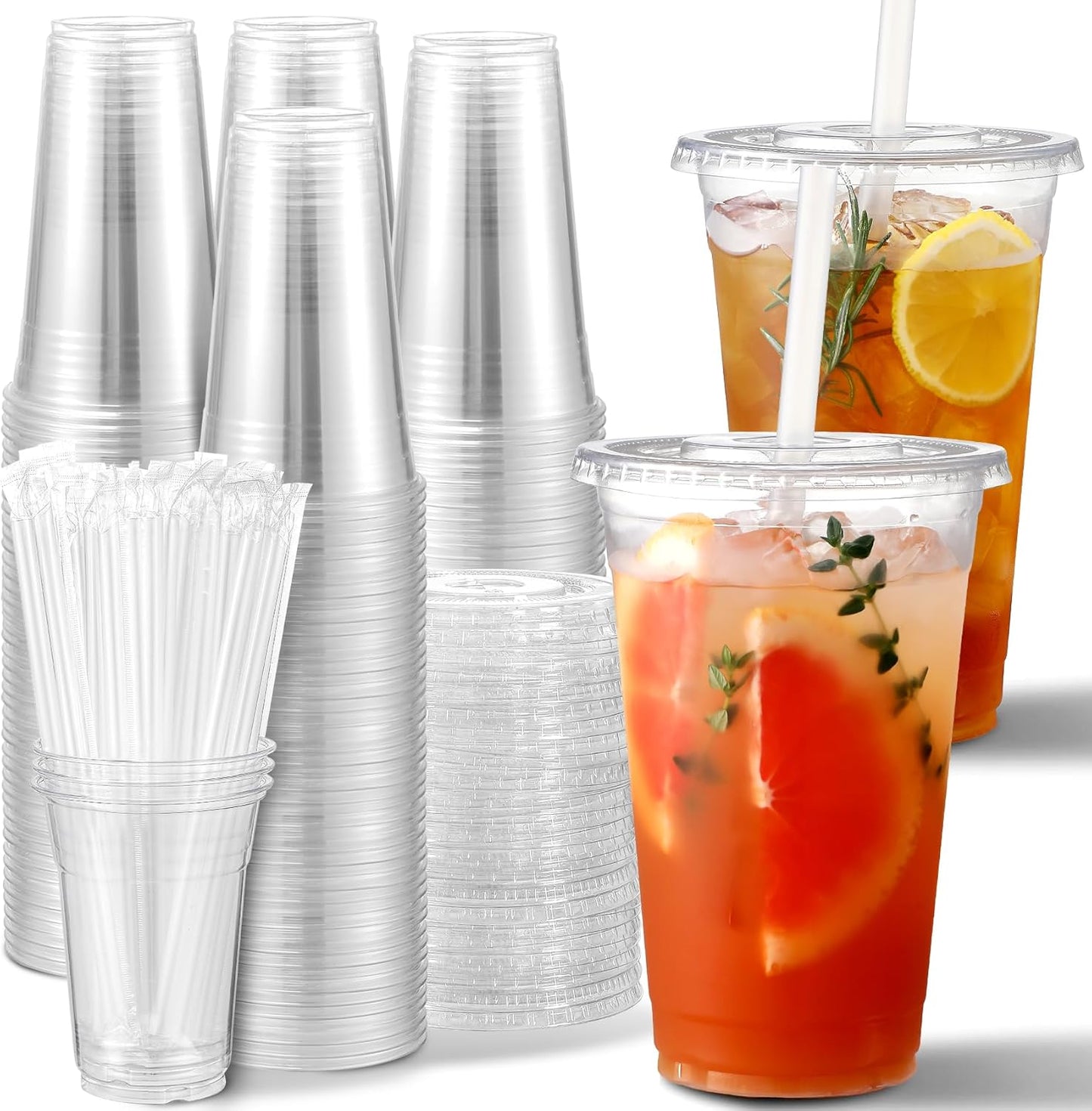 AOZITA [100 Sets] 16 oz Clear Plastic Cups With Lids and Straws, Disposable Cups With Lids for Iced Coffee, Smoothie, Milkshake and Cold Drinks (New-16-100)