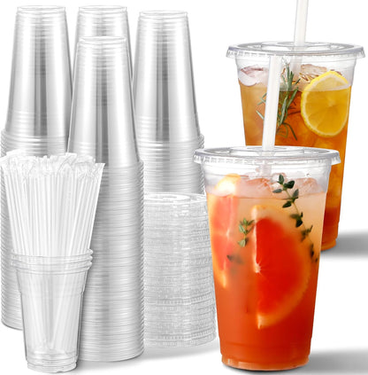 AOZITA [100 Sets] 16 oz Clear Plastic Cups With Lids and Straws, Disposable Cups With Lids for Iced Coffee, Smoothie, Milkshake and Cold Drinks (New-16-100)