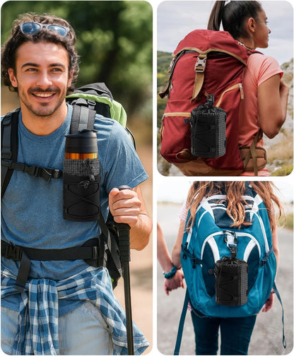 Water Bottle Holder Pouch with Hook Buckle, Backpack Water Bottle Holder Mesh Bag Carrier Fits for 8-24oz Bottles for Hiking, Running, Travel, Outdoor Backpack Accessories & Attachments