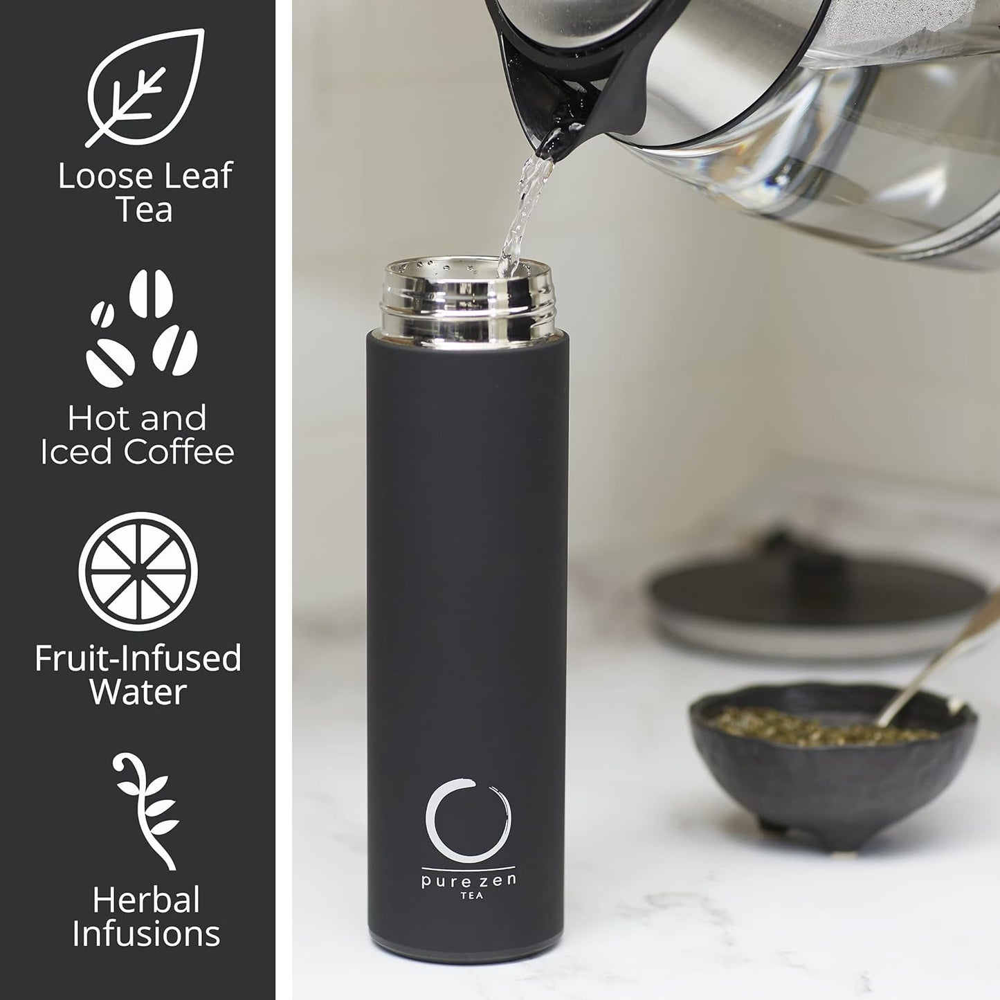 Pure Zen Tea Thermos with Infuser for Hot and Cold Infusions - Stainless Steel - Tea Infuser Bottle - Leakproof Travel Mug with Filter - 15oz - Blue