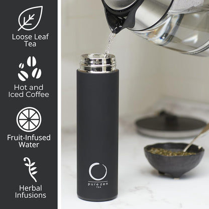 Pure Zen Tea Thermos with Infuser for Hot and Cold Infusions - Stainless Steel - Tea Infuser Bottle - Leakproof Travel Mug with Filter - 15oz - Blue