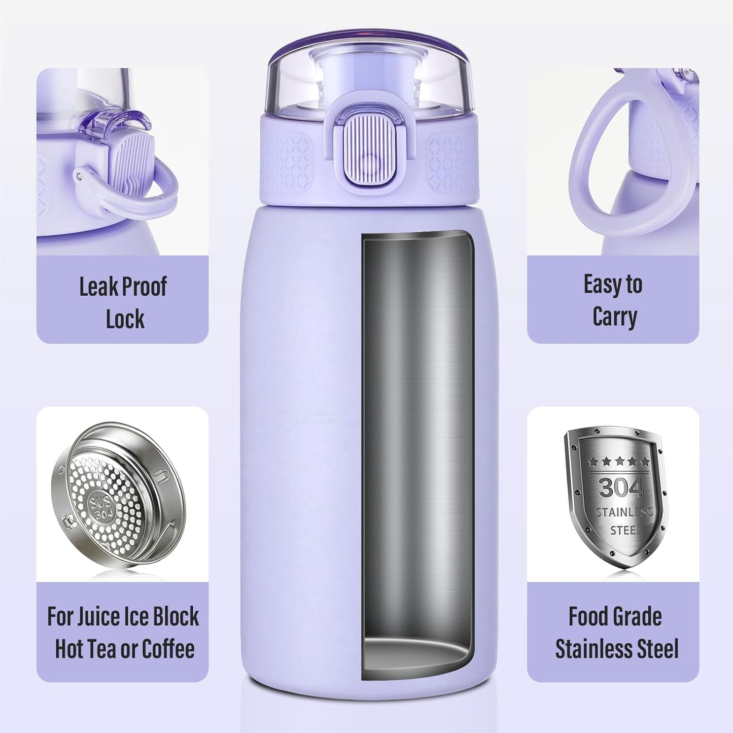 Insulated Water Bottle 24 oz with Dustproof Lid, Carry Handle & Tea Infuser, BPA-Free & Leakproof, Stainless Steel Water Bottles Ideal for Fitness, Hiking, Office & Outdoor Use (Black)