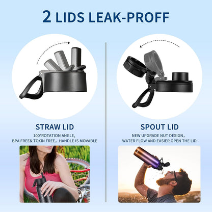 KXIAOCHEN Insulated Water Bottle With Strap, Cold For 48 Hrs Leak Proof, Triple Wall Stainless Steel Sports Water Bottle With Straw And Spout Lid For Gym Hiking Travel