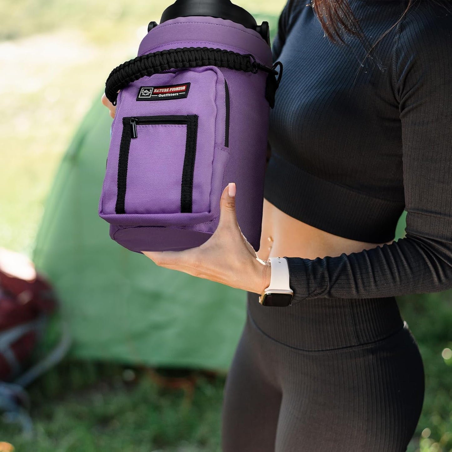 NATURE PIONEOR Water Bottle Holder with Adjustable Strap - Half/One Gallon (64/128oz) Insulated Water Bottle Sling Carrier with Phone Pocket & Paracord Handle, Outdoor Camping, Hiking, Gym
