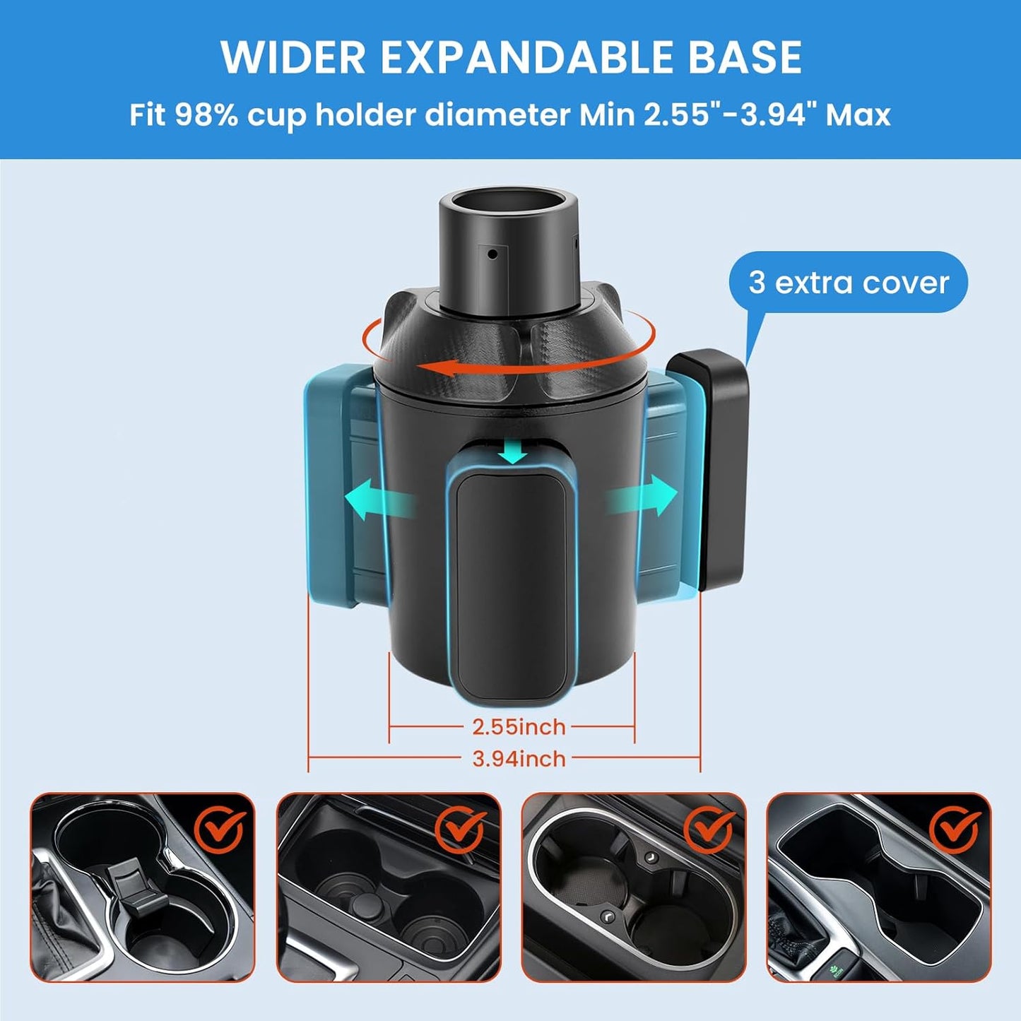 Cup Holder Expander for Car with Adjustable Holder & Base, Compatible with 10 to 64 oz Yeti Ramblers, Stanley, Hydro Flask, Nalgene, Hold 2.9" to 5.5" Large Bottles Mugs Food Drink, Car Cup Holder