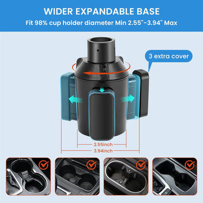 Cup Holder Expander for Car with Adjustable Holder & Base, Compatible with 10 to 64 oz Yeti Ramblers, Stanley, Hydro Flask, Nalgene, Hold 2.9" to 5.5" Large Bottles Mugs Food Drink, Car Cup Holder