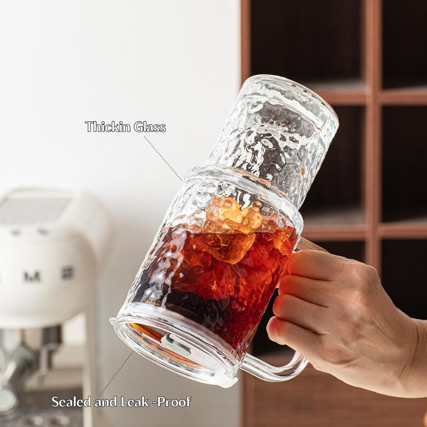 INSETLAN 24oz Ribbed Glass Tumbler with Handle & Lid – 2-Pack Large Iced Coffee Cups with Straws, Modern Glass Mug for Cold & Hot Beverages, Aesthetic Travel Cup for Smoothies, Tea, and Juice