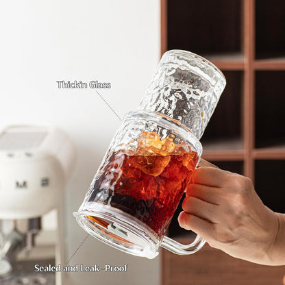INSETLAN 24oz Ribbed Glass Tumbler with Handle & Lid – 2-Pack Large Iced Coffee Cups with Straws, Modern Glass Mug for Cold & Hot Beverages, Aesthetic Travel Cup for Smoothies, Tea, and Juice