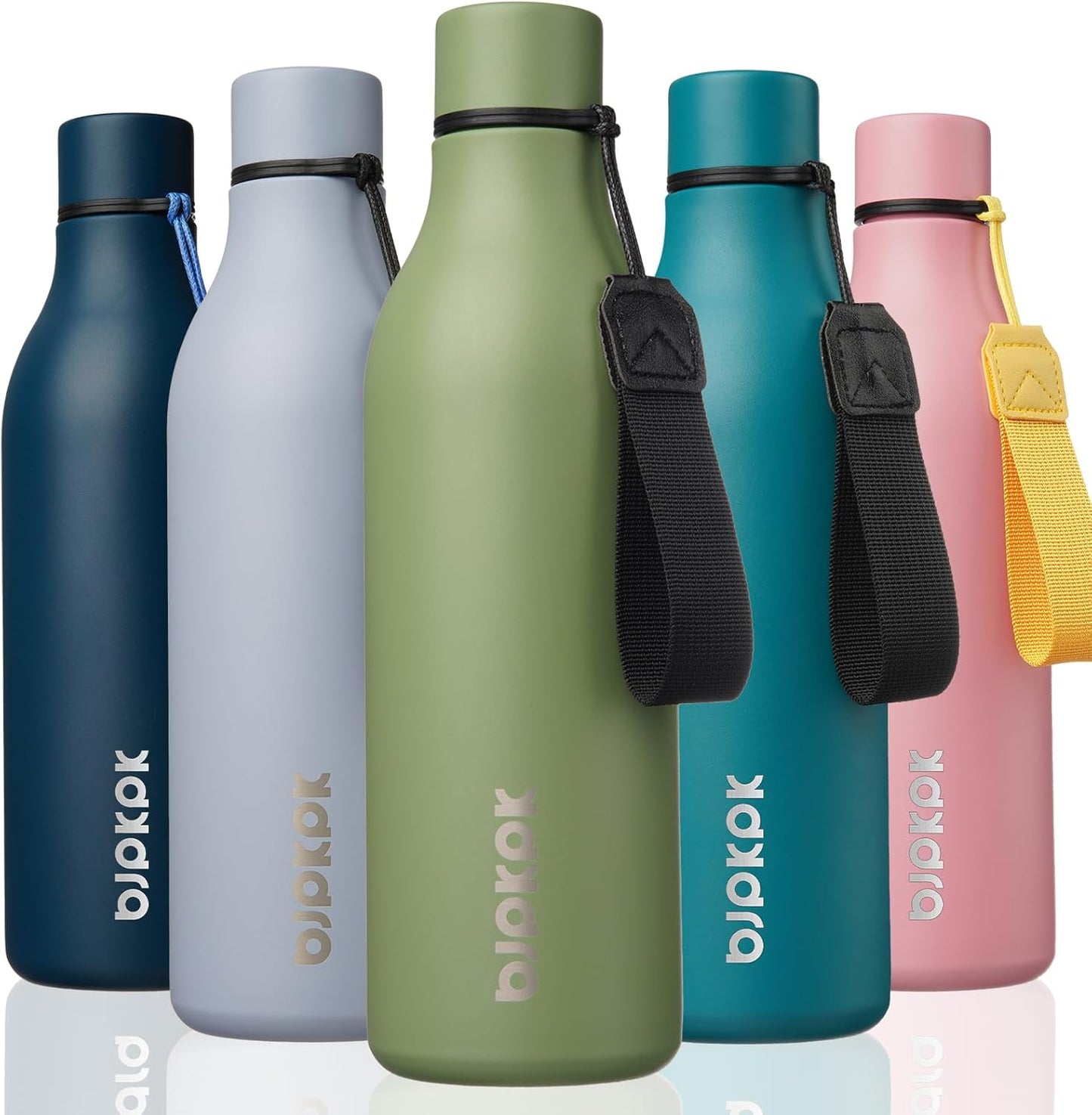 BJPKPK Insulated Water Bottles, 18 oz Stainless Steel Metal Water Bottle with Strap, BPA Free Leak Proof Jugs, Mugs, Flasks, Reusable Thermal Flasks for Sports & Travel, Black - Colors A
