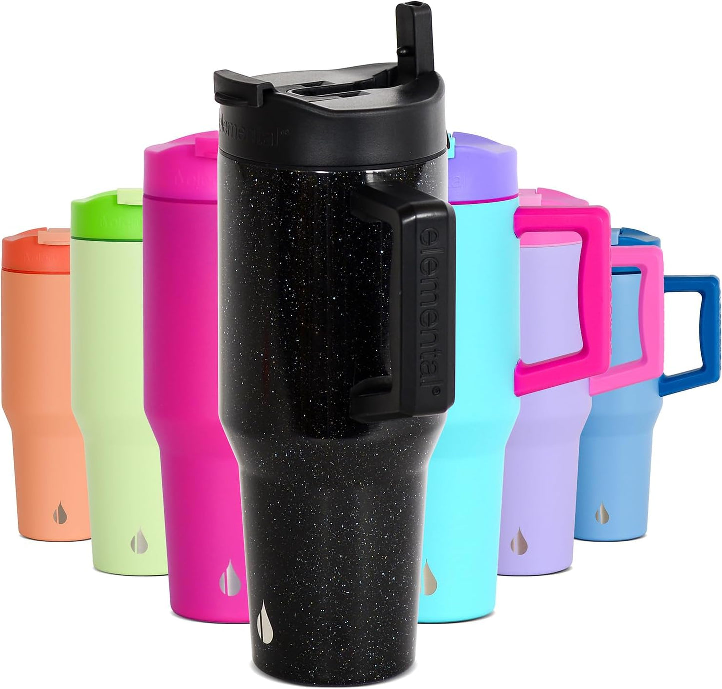 Elemental 32 oz 100% Leak Proof Tumbler with Handle & Straw - Stainless Steel Double Wall Insulated Tumbler for Hot and Cold Beverages - Travel Coffee Mug with Sip & Straw Lid - White - Colors A