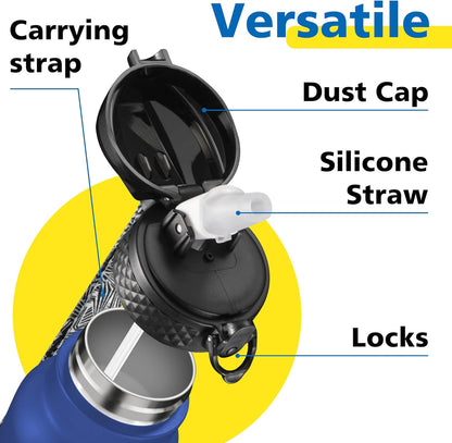 Han's Bottle Sports Water Bottle - 24 Oz, Straw Lid, Leak Proof, Vacuum Insulated Stainless Steel, Double Walled, Thermo Mug,Black