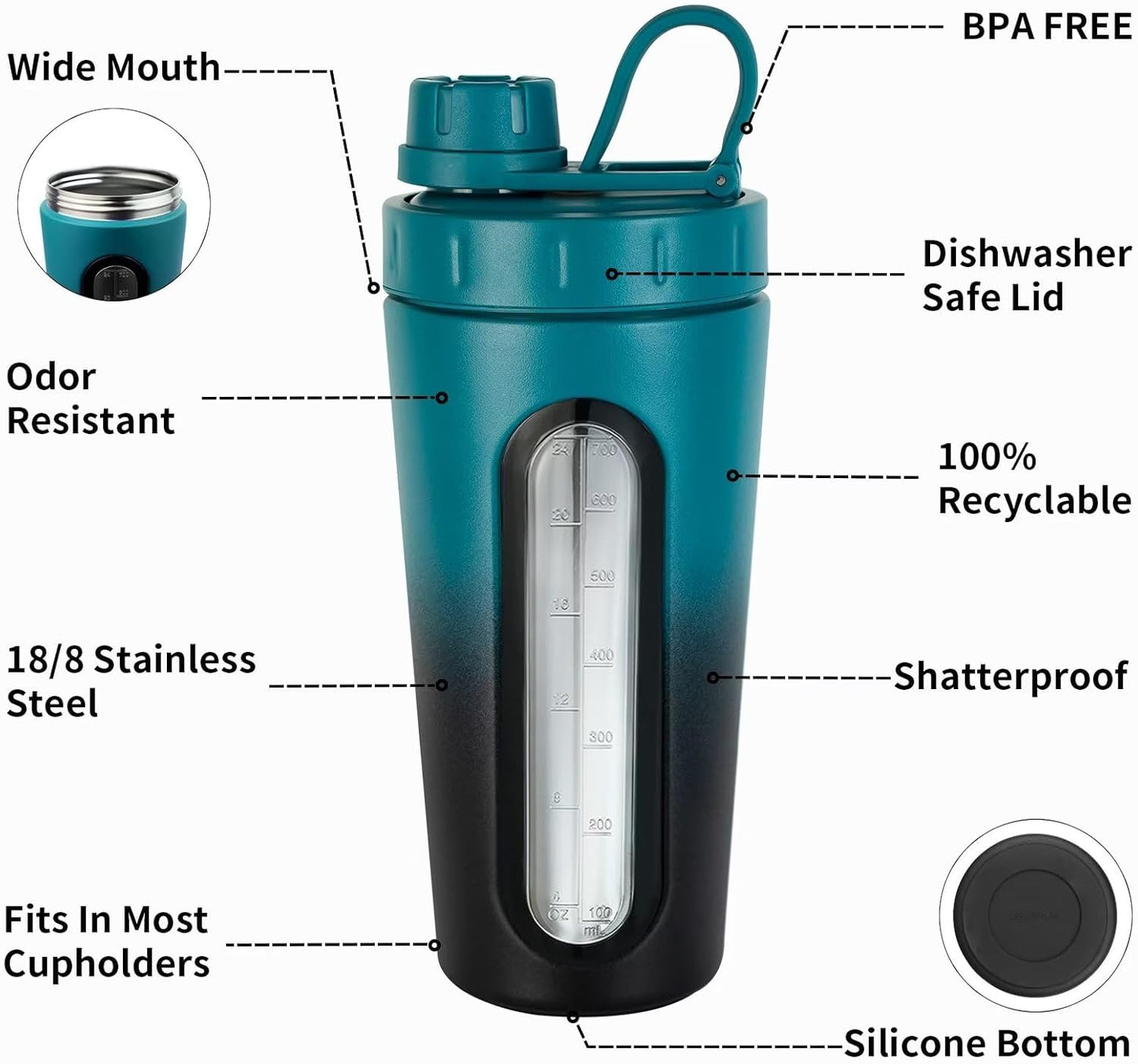 TOOFEEL Shaker Bottles for Protein Mixes 28 oz Stainless Steel Protein Shaker with 2 Mixing Ball, Not Stays Cold/Hot, Visible Window Metal Shaker Cups, Leakproof, BPA Free Bottle Shaker