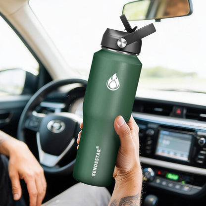 SENDESTAR 40oz Water Bottle Wide Mouth Stainless Steel Vacuum Insulated Double Wall with Straw Lids Fit in Any Car Cup Holder