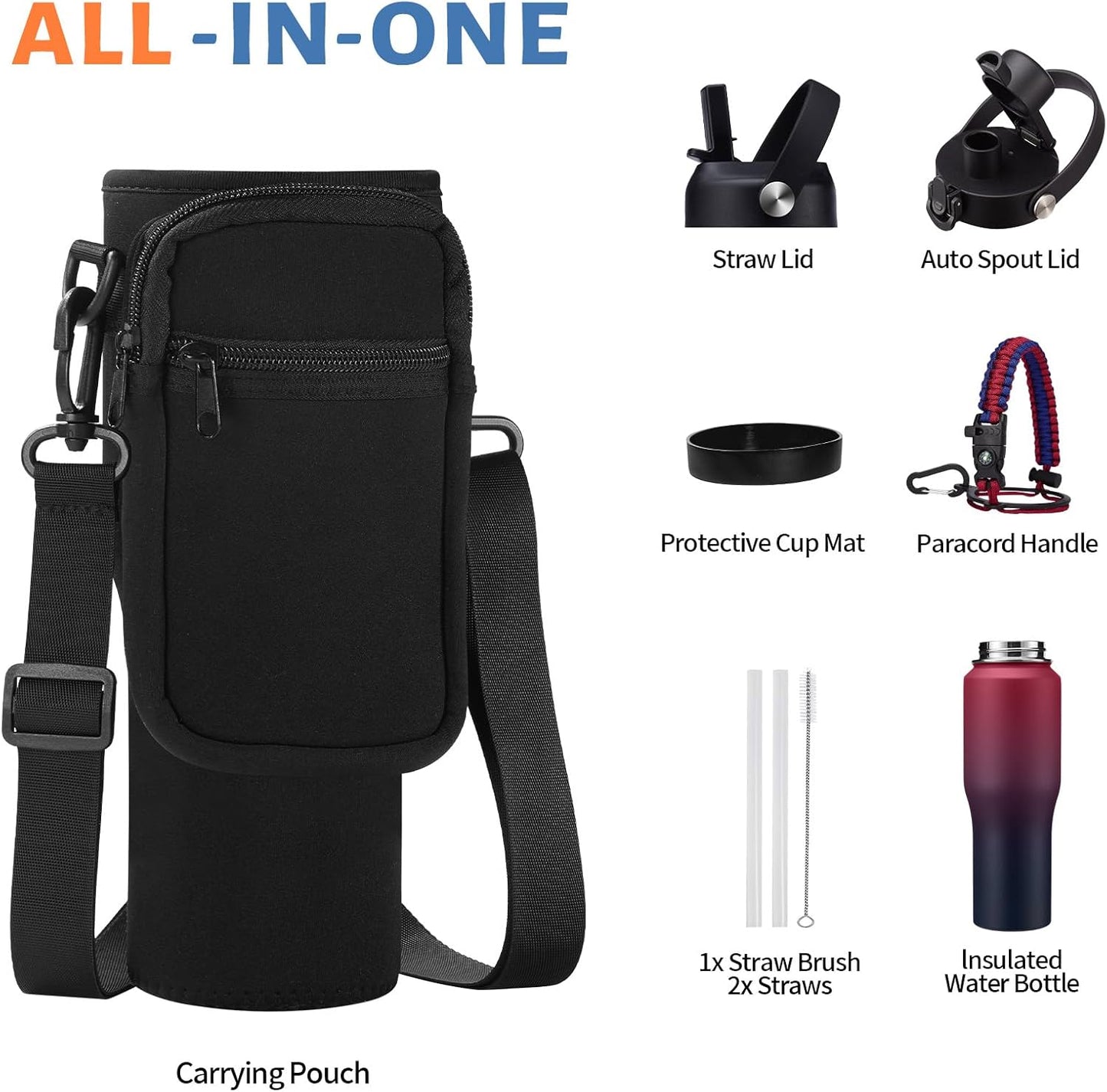 Insulated Water Bottle 40 oz - Fits in any Car Cup Holder, Keep Cold 48H Hot 24H, Stainless Steel Waterbottle Double Wall Flask with Straw, Pop-up Spout Lid, Paracord Handle, Carrier Bag