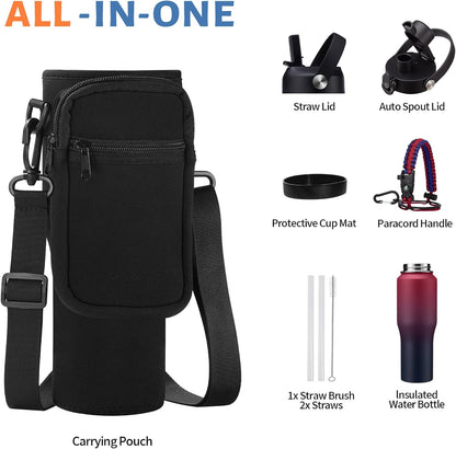 Insulated Water Bottle 40 oz - Fits in any Car Cup Holder, Keep Cold 48H Hot 24H, Stainless Steel Waterbottle Double Wall Flask with Straw, Pop-up Spout Lid, Paracord Handle, Carrier Bag