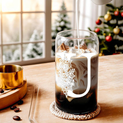 Glass Cups with Lids and Straws: Personalized Initial Glass Cup Be Used As Reusable Iced Coffee Cups with Lids,Cute Matcha Tumbler - The Christmas/Birthday Gifts for Women - M Smoothie Cup
