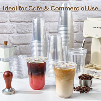 Vplus 100 Pack 12 oz Iced Coffee Cups with Lids, Disposable Plastic Cups with Lids and Straws for Cold Beverages, Juice, Milkshakes, Coffee Shops, Parties and Daily Use