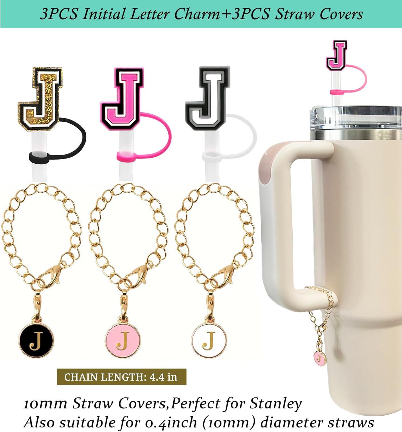 （3 +3) 3PCS Nuozme Straw Cover 10mm For Stanley Tumbler Cup Reusable Straw Cap Topper with 3 Initial Letter Charms Accessories Name ID Personalized Handle Charm For Stanley 30&40 Oz Cup Tumbler - Colors A