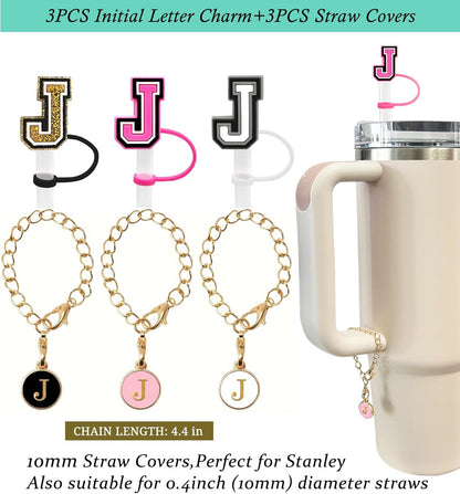 （3 +3) 3PCS Nuozme Straw Cover 10mm For Stanley Tumbler Cup Reusable Straw Cap Topper with 3 Initial Letter Charms Accessories Name ID Personalized Handle Charm For Stanley 30&40 Oz Cup Tumbler - Colors A