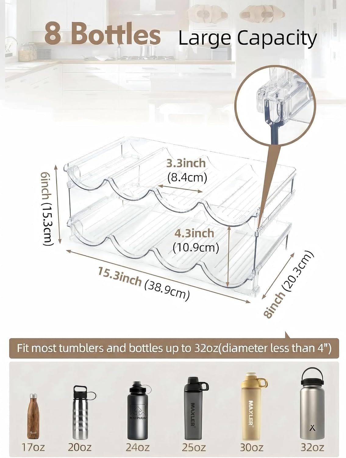 Stackable Water Bottle Organizer, 4-Tier Clear Large Compartment Holder with Stable One-Piece Side-Panel Design, Prevents Tipping & Rolling for Cabinet & Kitchen Storage, Holds 16 Bottles