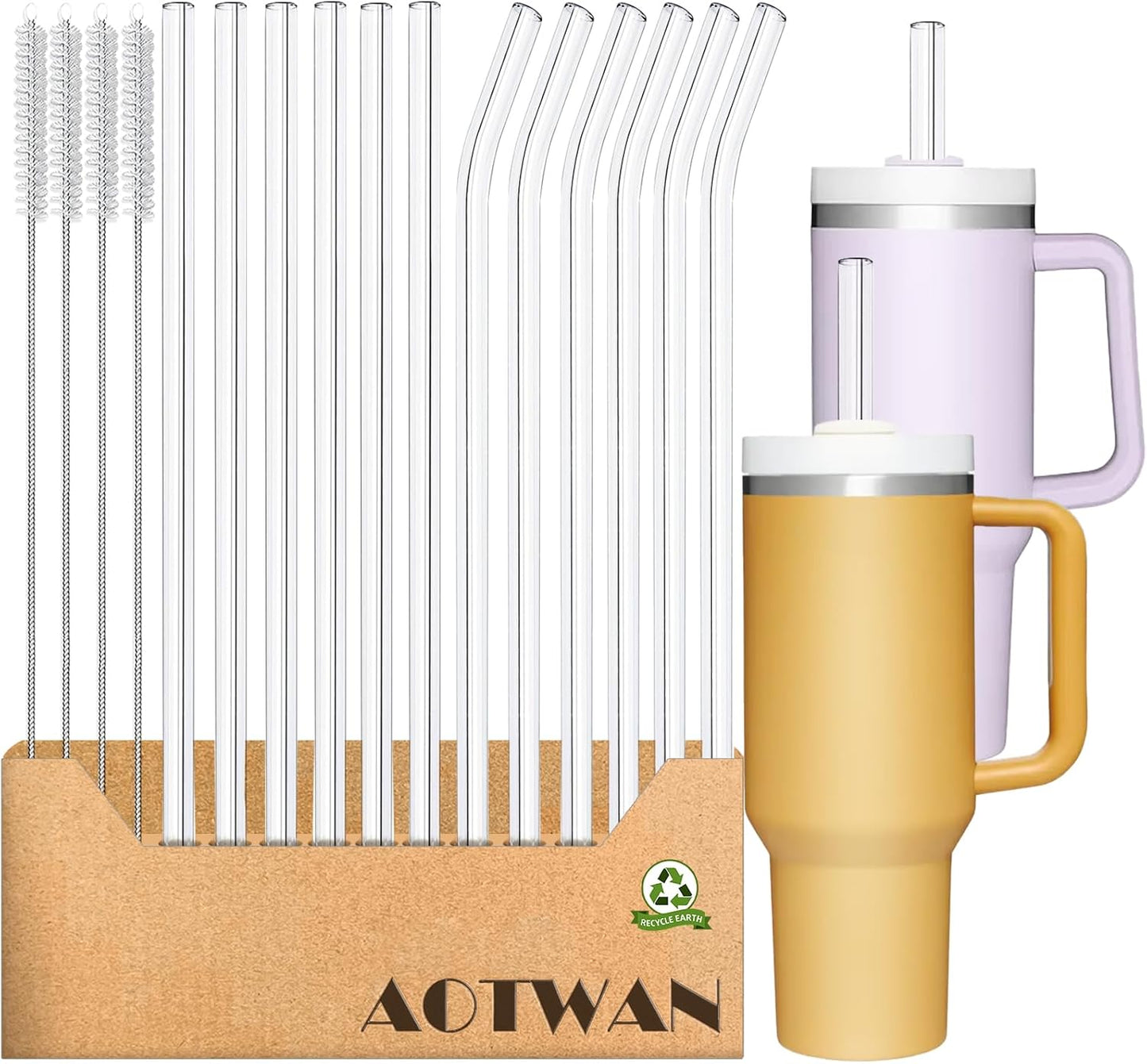 AOTWAN Glass Straws for Stanley 10 Pack 40/30 oz Tumbler,12inch Replacement Straw for Stanley 4 Straight and 4 Bent with 2 Brushesh,Reusable Glass Straws for Stanley Cup