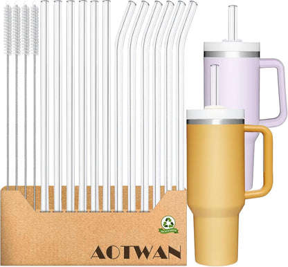 AOTWAN Glass Straws for Stanley 10 Pack 40/30 oz Tumbler,12inch Replacement Straw for Stanley 4 Straight and 4 Bent with 2 Brushesh,Reusable Glass Straws for Stanley Cup