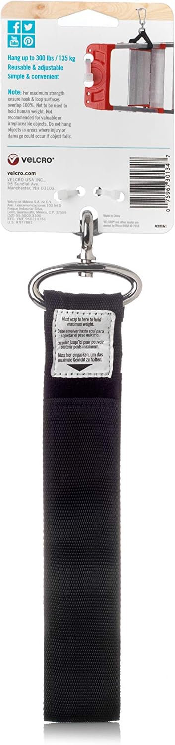 VELCRO Brand VEL-30196-USA Easy Hang Strap with Carabiner Clip Attach Water Bottles and Accessories to Bikes, Bags and more. Organization for Garden, Shed, RV. Extra Small-1Pk, Black