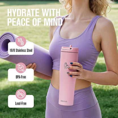Coolflask Water Bottle 40 oz Fits Car Cup Holder, Slim Tumbler Stainless Steel with Straw & Handle, Vacuum Flask Leakproof Wide Mouth for Travel Sports Gym, Black
