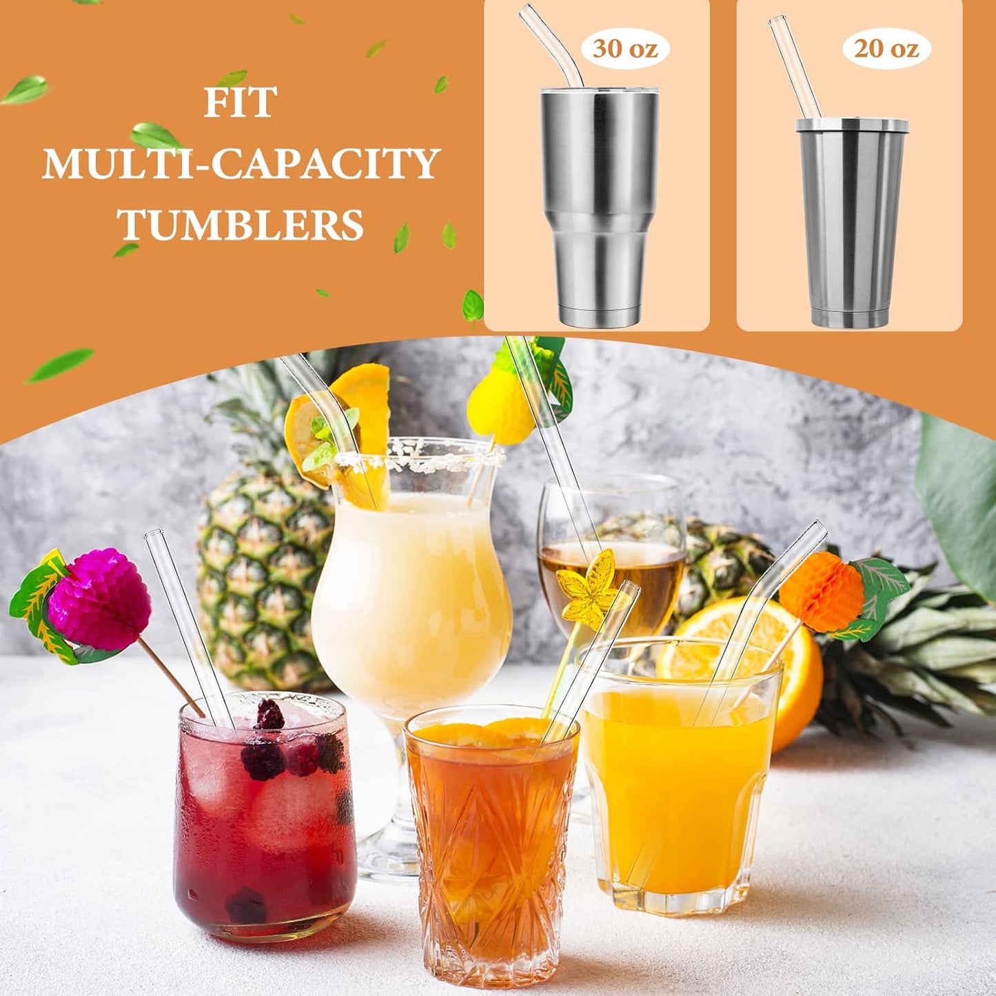 [12 Pcs] Reusable Glass Straws Shatter Resistant - 11" x 8mm and 9" x 8mm Clear Straws Each Including 3 Straight and 3 Bent with 2 Cleaning Brush for 30 oz and 20 oz Tumblers Juice Coffee Cocktail Tea