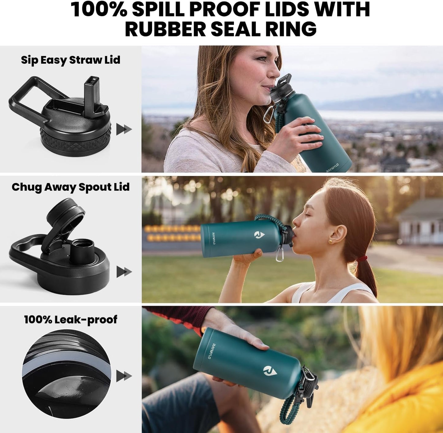 RAYMYLO One Gallon Water Bottle Insulated, Triple Walled Vacuum Stainless Steel (Cold for 48 Hrs), Leak Proof & Non-BPA, Large Water Flask Jug with Paracord Handle & Straw Spout Lids