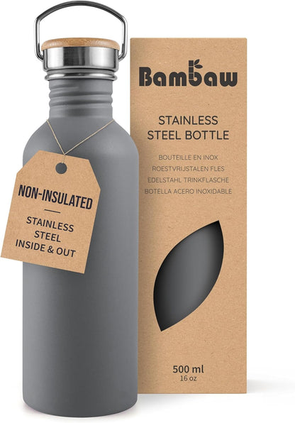 Bambaw Stainless Steel Water Bottles 32 oz, Non-insulated Single Wall Metal Water Bottle Stainless Steel, Reusable & Eco Friendly, Dishwasher Safe – Silver | Non-insulated